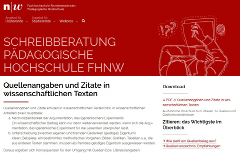 Screenshot Website Schreibberatung der Pädagogischen Hochschule
