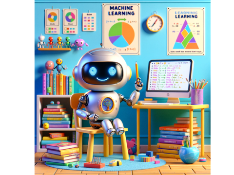 KI-generiertes Bild. Ein Roboter sitzt in einem farbenfrohen Schulzimmer. Hinter ihm ist ein PC-Bildschirm zu sehen, an der Wand sind Diagramme, eines mit den Worten "Machine Learning" beschriftet.