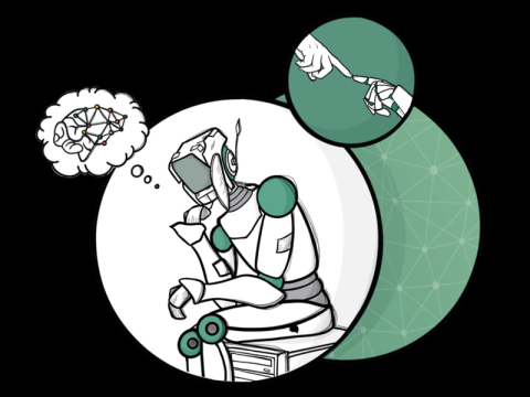 Symbolbild des EU-Projekts ENARIS. Ein Roboter in Denkerpose, eine Gedankenblase zeigt ein digitales Hirn. Ein weiteres Bild zeigt eine menschliche und eine Roboterhand, die sich angelehnt, an Michelangeos Bild aus der Sixtinischen Kapelle, berühren.