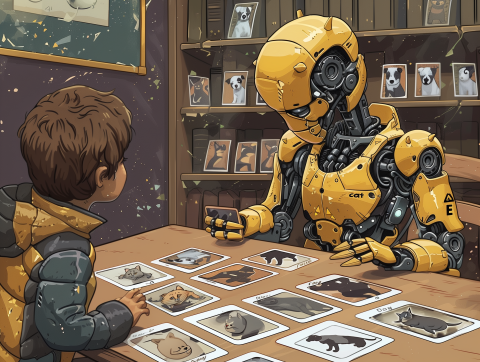 Ein KI-generiertes Bild im Comic-Stil, das symbolisch für "überwachtes maschinelles Lernen" steht. Ein Kind und ein Roboter sitzen sich an einem Tisch gegenüber. Vor ihnen liegen Karten mit Bildern. Der Roboter schaut diese Karten an und versucht sie zu sortieren.