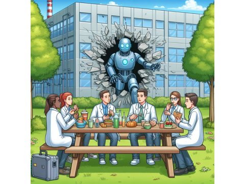 Eine KI-erstellte Illustration. Forschende sitzen an einem Picknicktisch im Grünen. Hinter ihnen bricht ein riesengrosser Roboter durch die Mauer und entkommt dem Laborgebäude.