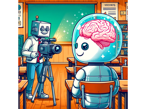 Eine KI-generierte Illustration. Ein Roboter filmt einen anderen Roboter in einem Klassenzimmer.