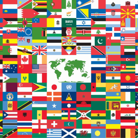 Eine Collage mit Flaggen zahlreicher Länder.