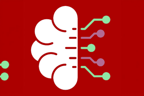 Logo KI explains KI Gehirn mit Neuronen grafisch dargestellt weiss auf rotem Hintergrund