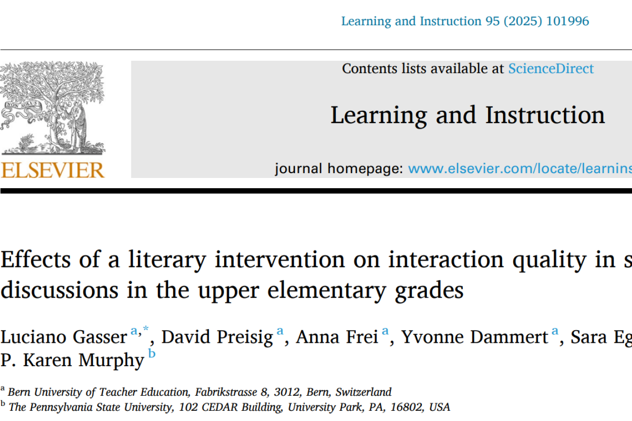Titelbild der Publikation "Effects of a literacy intervention on interaction quality in small-group discussion in the upper elementary grades" von Luciano Gasser, David Preisig, Anna Frei, Yvonne Dammert, Sara Egger und P. Karen Murphy