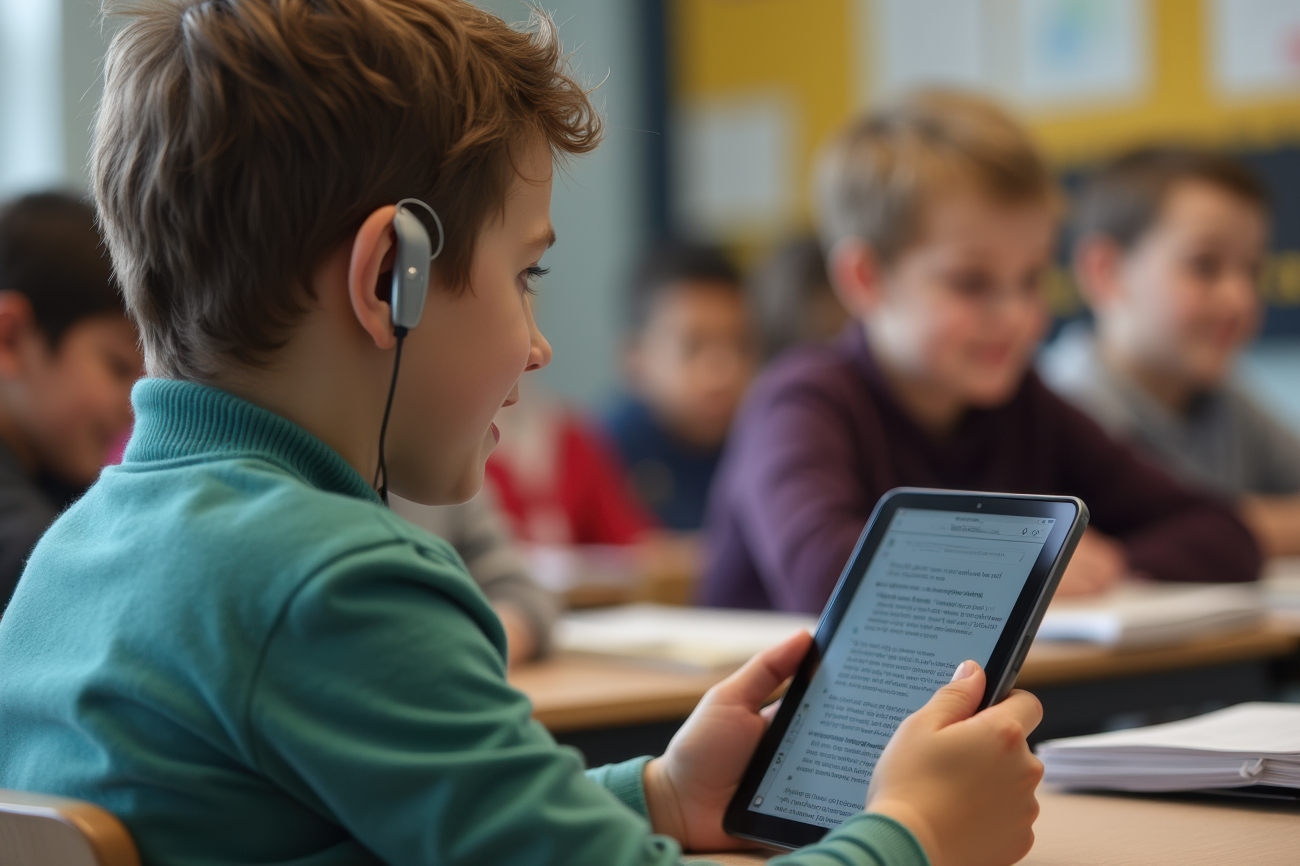 Knabe mit Hör-Assistenz und Tablet an Pult