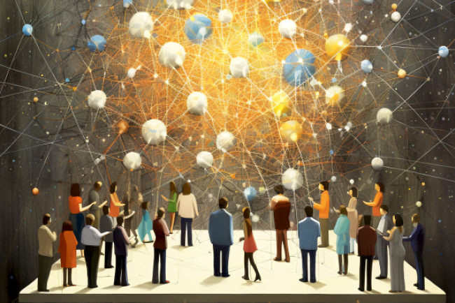 Illustration Menschenmenge vor illuminisiertem Netz